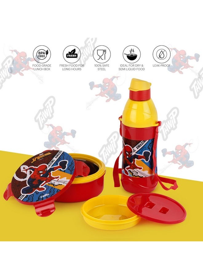 CELLO Tiffy Spiderman Gift Set Insulated Lunch Box & Water Bottle for Kids | Tiffin Box 460 ml, Water Bottle 400 ml, Red & Yellow | Leak Proof | Easy to Clean | Ideal for School, Picnic