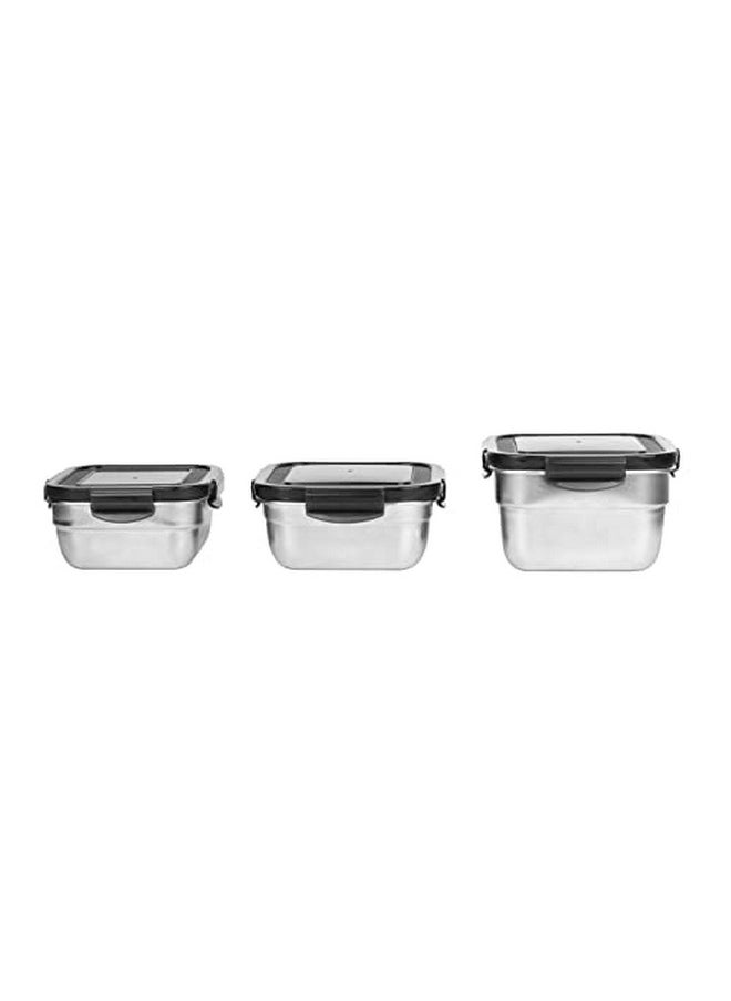 Femora High Stainless Steel Square Airtight Leakproof Unbreakable Storage Container (380 ml, 550 ml, 750 ml, Silver) - Set of 3