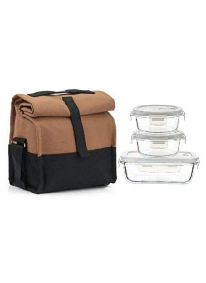 Femora Glass Lunch Box with Bag Set of 3 Containers (Round- 380 ML, Rectangular- 620 ML) Clear, Microwavable Borosilicate Glaas, Ideal for College, Travel Office, Camel Black