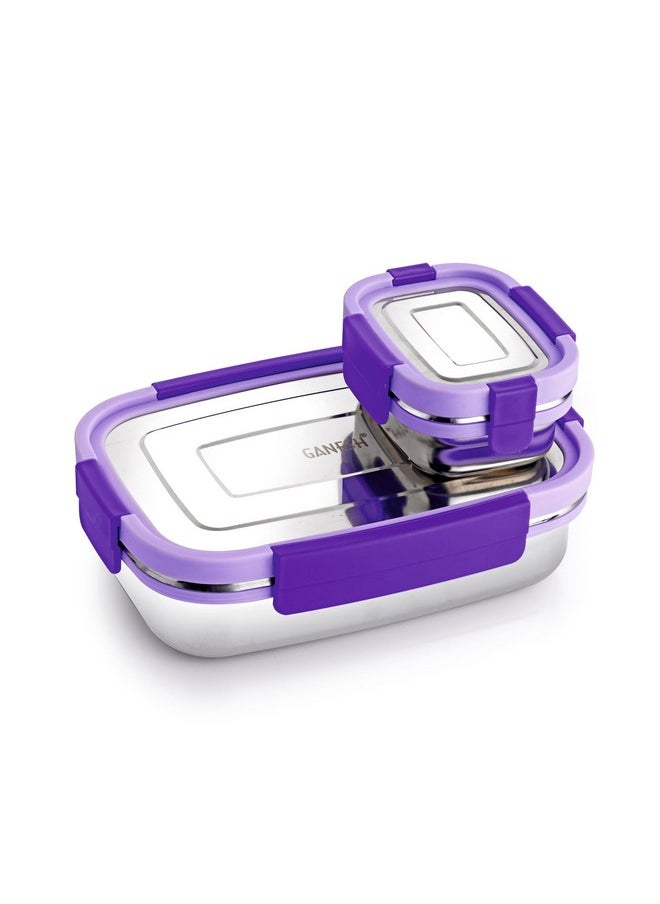 GANESH Shine Stainless Steel Airtight Leak-Proof Lunch Box for Office, School, Picnic - 900 ml - Purple