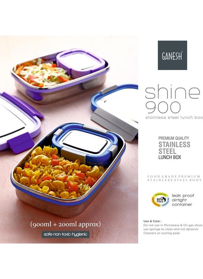 GANESH Shine Stainless Steel Airtight Leak-Proof Lunch Box for Office, School, Picnic - 900 ml - Purple