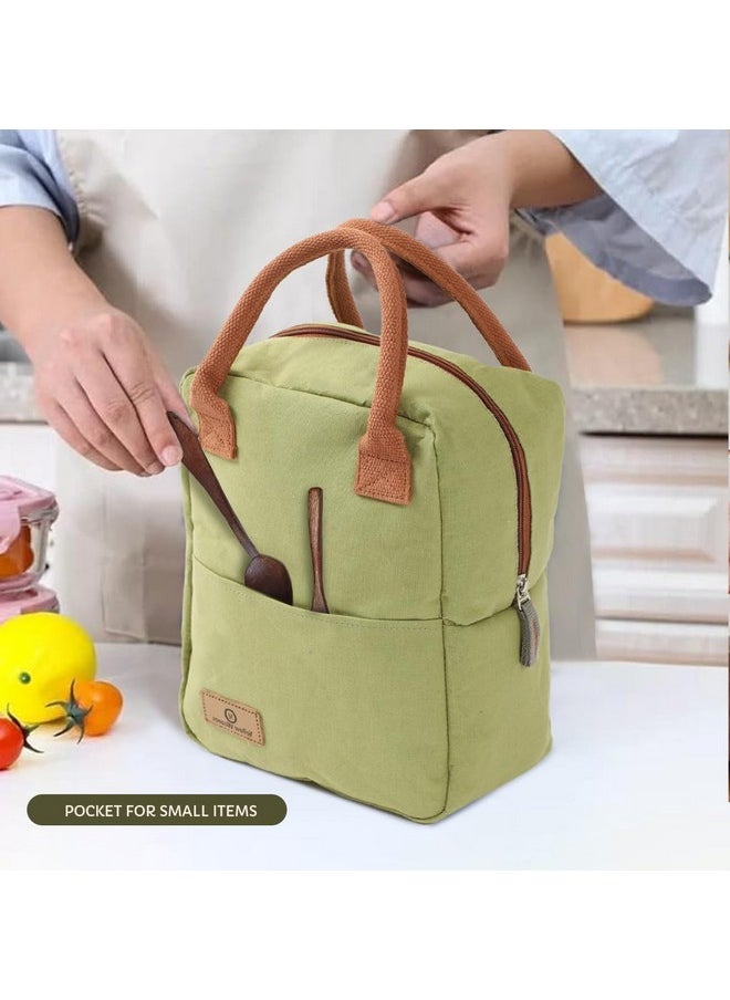 Yellow Weaves 100% Cotton Canvas Lunch Bag Reusable and Washable, Leakproof Keeps Hot & Cold, Lunch Bag for Men Women Kids Office Picnic School, (Big Size - Olive Green)