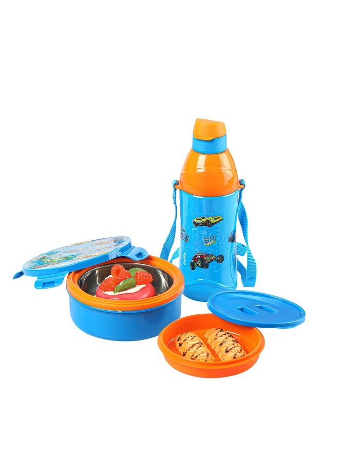 CELLO Tiffy Hotwheelz Gift Set Insulated Lunch Box & Water Bottle for Kids | Tiffin Box 460 ml, Water Bottle 400 ml, Blue & Orange | Leak Proof | Easy to Clean | Ideal for School, Picnic