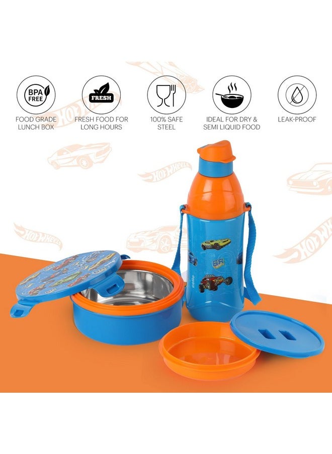 CELLO Tiffy Hotwheelz Gift Set Insulated Lunch Box & Water Bottle for Kids | Tiffin Box 460 ml, Water Bottle 400 ml, Blue & Orange | Leak Proof | Easy to Clean | Ideal for School, Picnic