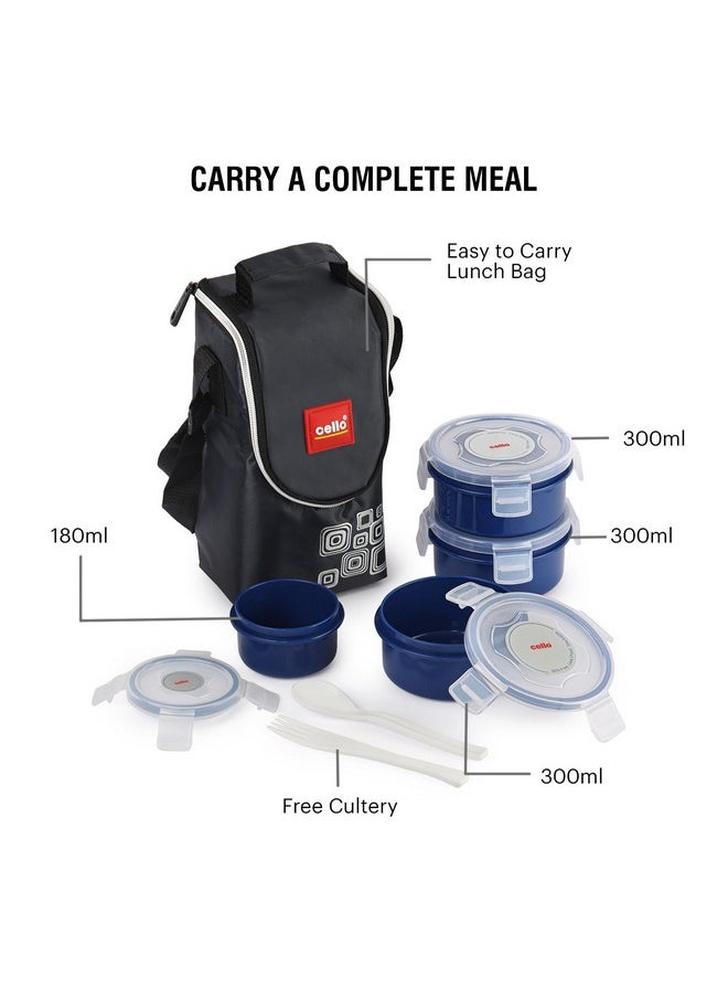 CELLO MF Click Polypropylene Leakproof Lunch Box Set with Bag, 4 Containers - 300ml x 3 & 140ml, Dark Blue