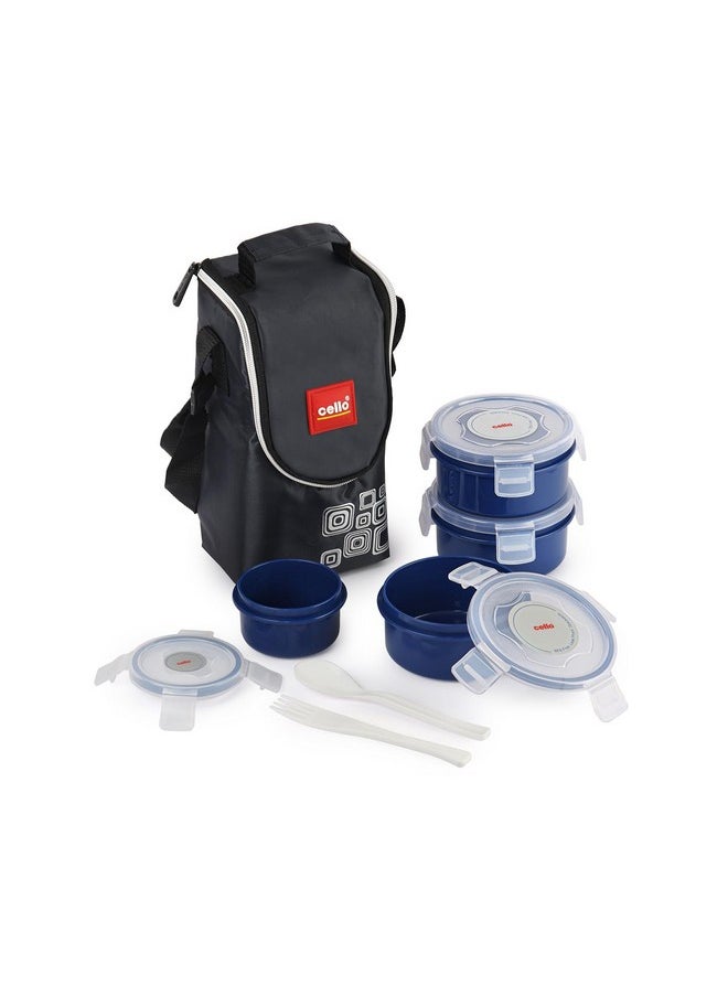 CELLO MF Click Polypropylene Leakproof Lunch Box Set with Bag, 4 Containers - 300ml x 3 & 140ml, Dark Blue