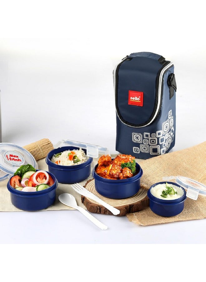 CELLO MF Click Polypropylene Leakproof Lunch Box Set with Bag, 4 Containers - 300ml x 3 & 140ml, Dark Blue