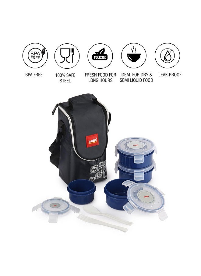 CELLO MF Click Polypropylene Leakproof Lunch Box Set with Bag, 4 Containers - 300ml x 3 & 140ml, Dark Blue