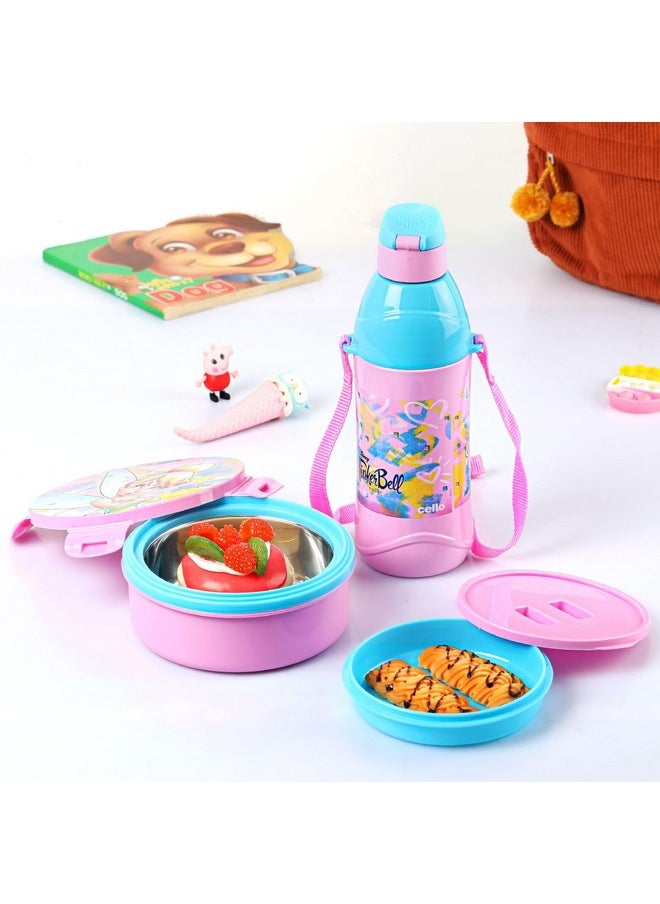 CELLO Tiffy Tinker Bell Gift Set Insulated Lunch Box & Water Bottle for Kids | Tiffin Box 460 ml, Water Bottle 400 ml, Pink & Blue | Leak Proof | Easy to Clean | Ideal for School, Picnic