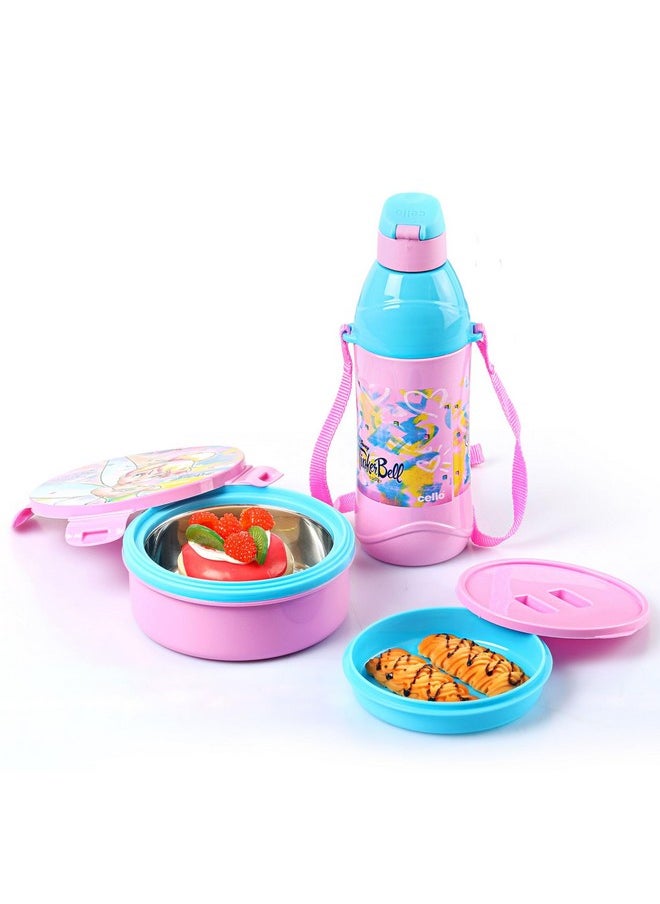 CELLO Tiffy Tinker Bell Gift Set Insulated Lunch Box & Water Bottle for Kids | Tiffin Box 460 ml, Water Bottle 400 ml, Pink & Blue | Leak Proof | Easy to Clean | Ideal for School, Picnic