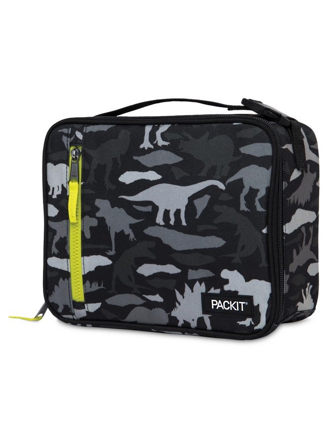 PackIt Freezable Classic Lunch Box, Dino Camo Charcoal, Built with EcoFreeze Technology, Collapsible, Reusable, Zip Closure With Zip Front Pocket and Buckle Handle, Designed for Lunches