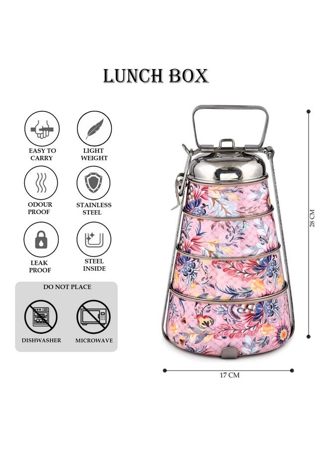 Elan Stainless Steel Lunch Box with Handle | Tiffin with Lid and Handle | 4 Compartment Traditional Tiffin Box | Easy to Carry| Leak Proof | Locking Clip | School and Office Use (Pack of 1)