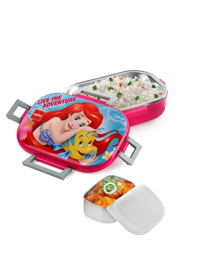 CELLO Feast Deluxe Kids Lunch Box Princess, Pink | Leak-Proof Snacks Tiffin Box for School Kids Inner Stainless Steel Mini Box | 2 Container with Locking Lid | Ideal for School & Picnic