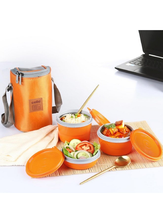 CELLO MF Hot Wave Stainless Steel 3 Container Lunch Box with Soft Fabricated Bag, 225ml, 375ml and 550ml, Orange