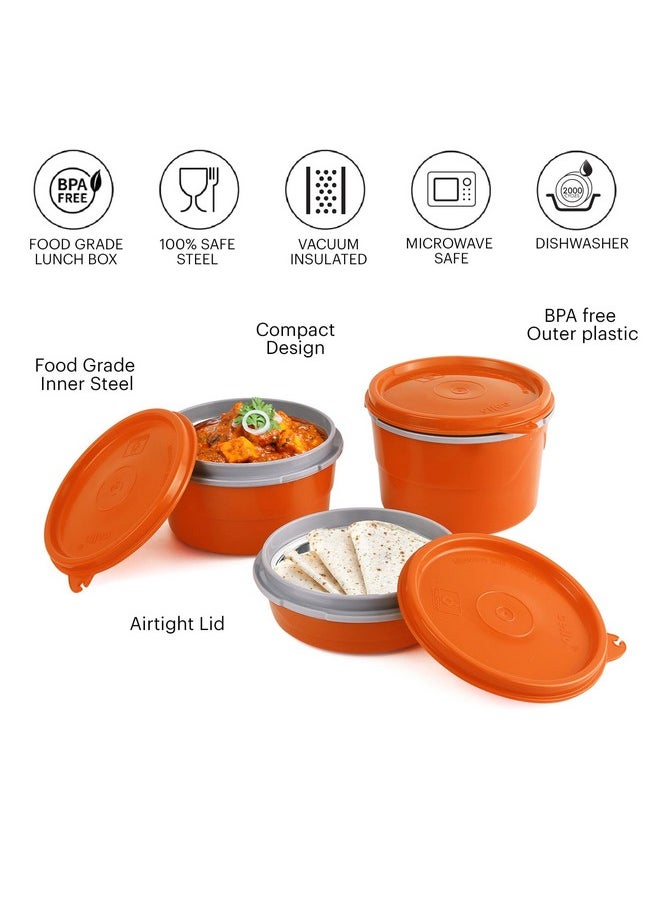 CELLO MF Hot Wave Stainless Steel 3 Container Lunch Box with Soft Fabricated Bag, 225ml, 375ml and 550ml, Orange