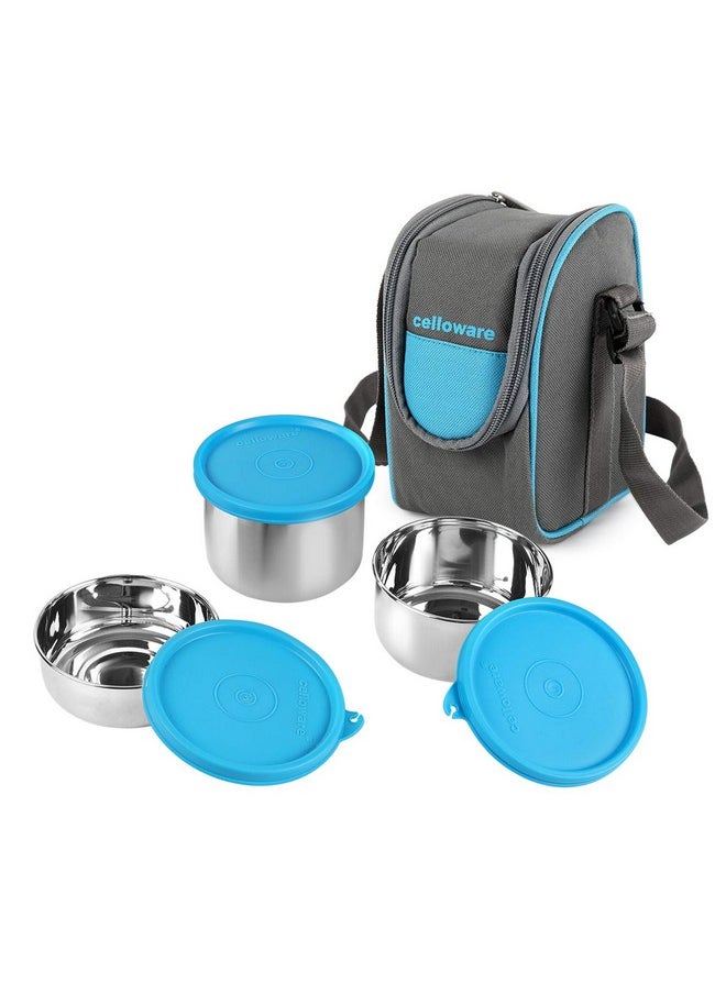 CELLO Steelox Stainless Steel Lunch Box Set of 3 with Bag (Capacities - 225ml, 375ml, 550ml), Blue | Tiffin Box with Jacket | Leakproof | Easy to Carry | Ideal for Office, School, College