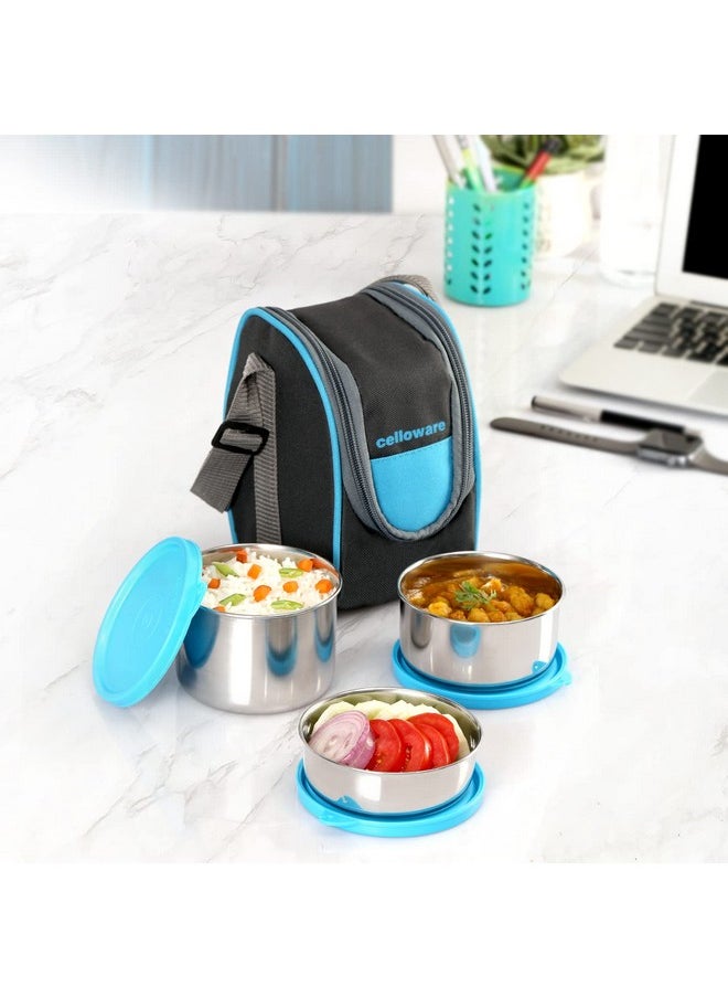 CELLO Steelox Stainless Steel Lunch Box Set of 3 with Bag (Capacities - 225ml, 375ml, 550ml), Blue | Tiffin Box with Jacket | Leakproof | Easy to Carry | Ideal for Office, School, College