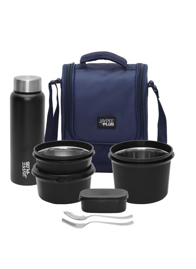 Jaypee Plus 1390 ml Stainless Steel Office Lunch Box | BPA Free, Microwave Safe & Spillproof Airtight 4 Containers | Includes Bottle, Spoon, Fork & Insulated Bag | Ideal for College & School (Blue)