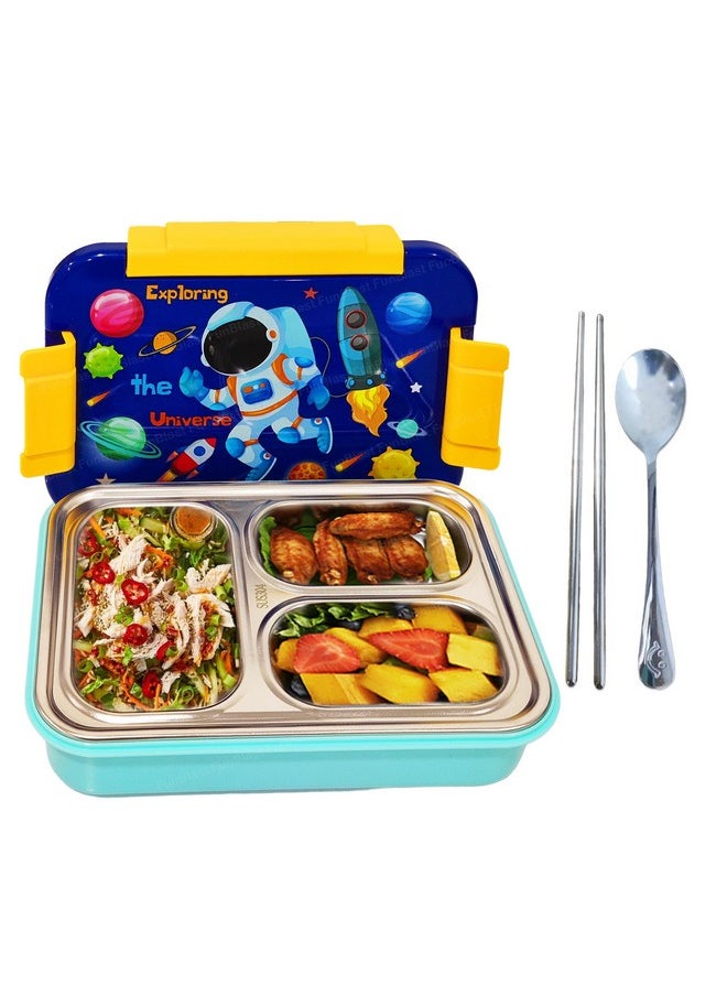 FunBlast Lunch Box for Kids - Stainless Steel Lunch Box, Tiffin Box for Kids, Insulated Bento Lunch Box, Lunch Box with Spoon & Chopstick, 3 Compartment Lunch Box, School Lunch Box - 710ML (Space)