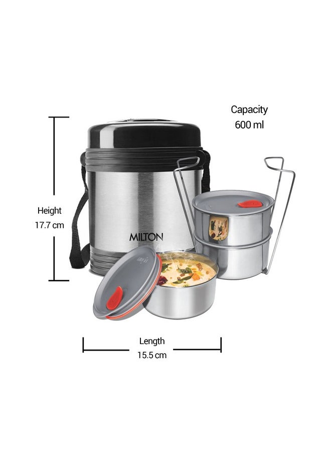 MILTON Legend Deluxe 3 Stainless Steel Containers with Steam Vent 200 ml Each, Hot & Cold Leak-Proof Insulated Lunch Box for Office, College, Picnic, Silver