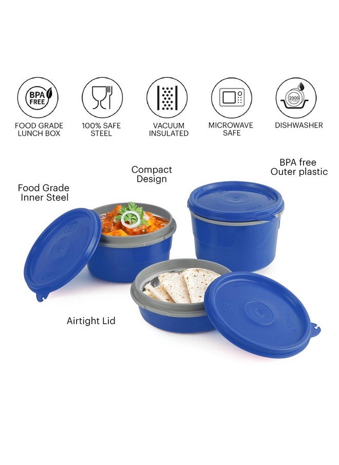 CELLO MF Hot Wave Stainless Steel 3 Container Lunch Box with Soft Fabricated Bag, 225ml, 375ml and 550ml, Blue