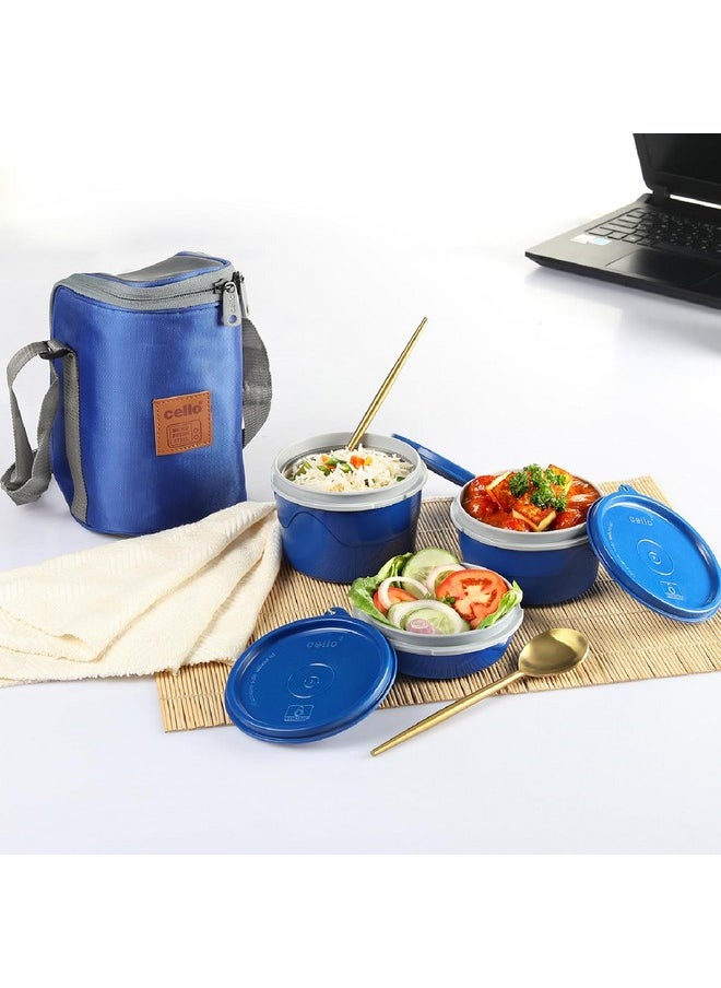 CELLO MF Hot Wave Stainless Steel 3 Container Lunch Box with Soft Fabricated Bag, 225ml, 375ml and 550ml, Blue