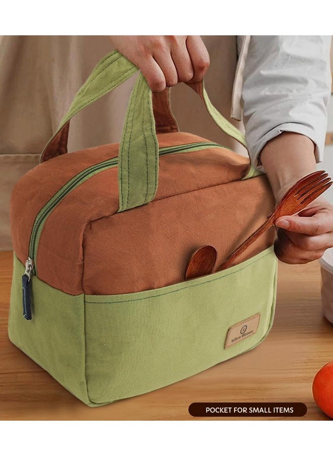 Yellow Weaves 100% Cotton Canvas Lunch Bag Reusable and Washable, Eco-Friendly Lunch Bag, Leakproof Keeps Hot & Cold, Lunch Bag for Men Women Kids Office Picnic School, Regular Size (Brown & Green)