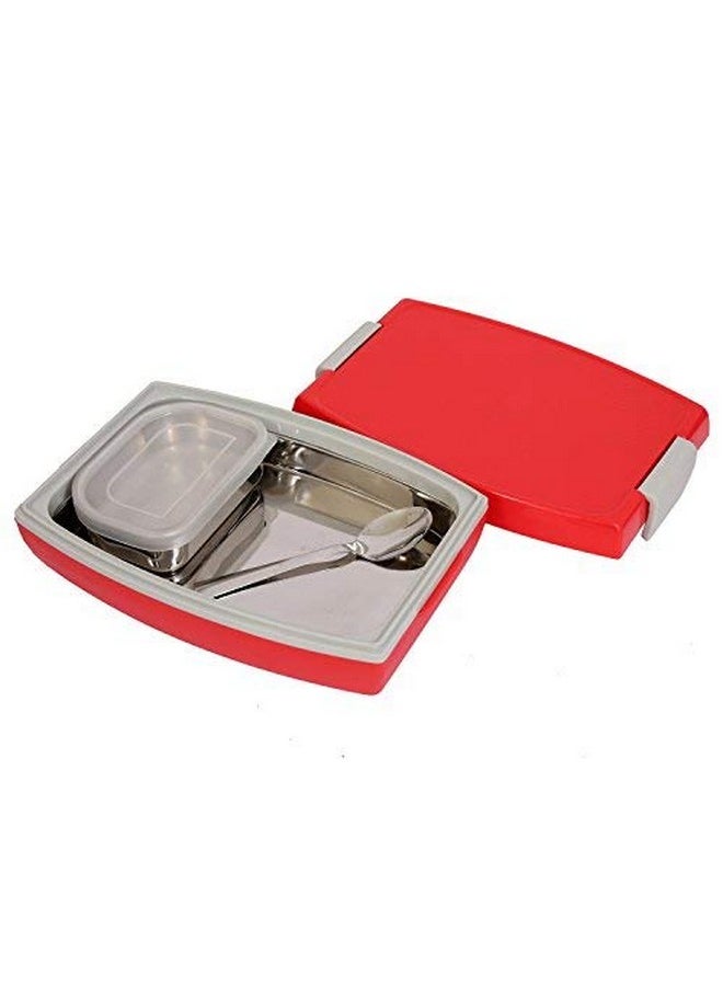 Jaypee Durosteel Stainless Steel Insulated Lunch Box for School & Office, Spoon Airtight Leak-Proof, Unbreakable Lid, Tiffin Box for Kids,900ml Red