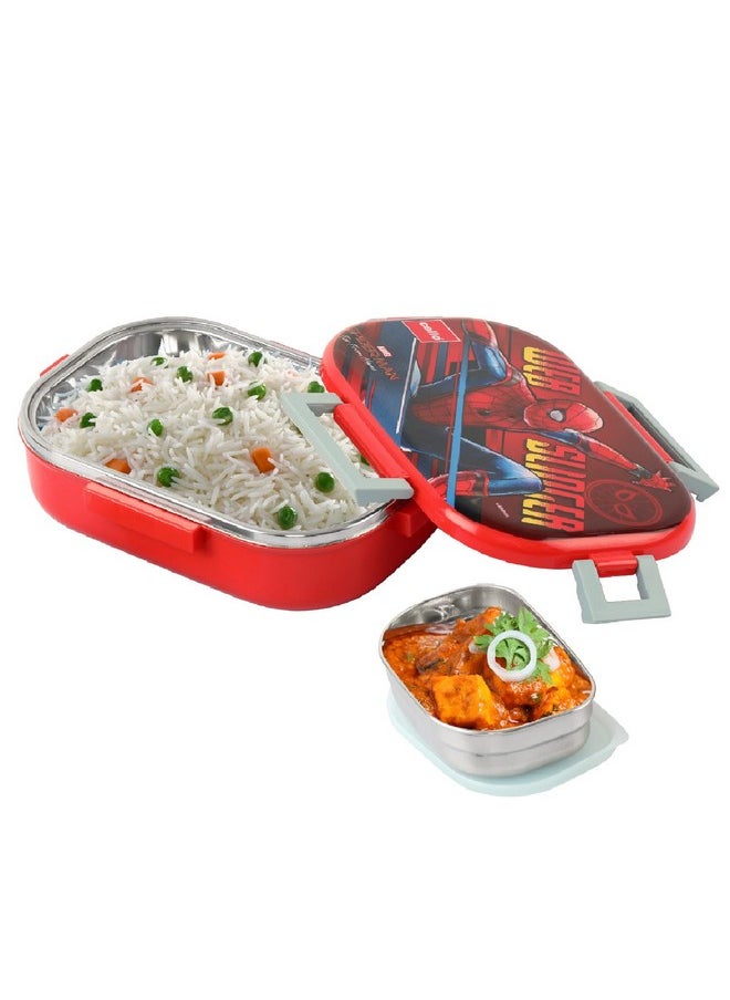 CELLO Feast Deluxe Kids Lunch Box Spider Man, Red | Leak-Proof Snacks Tiffin Box for School Kids Inner Stainless Steel Mini Box | 2 Container with Locking Lid | Ideal for School & Picnic