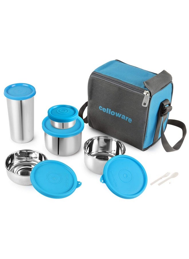 CELLO Steelox Stainless Steel Lunch Box Set of 5 with Bag (Capacities - 50ml, 225ml, 375ml, 550ml, 375ml Tumbler), Blue | Tiffin Box with Jacket | Leakproof | Ideal for Office, School, College