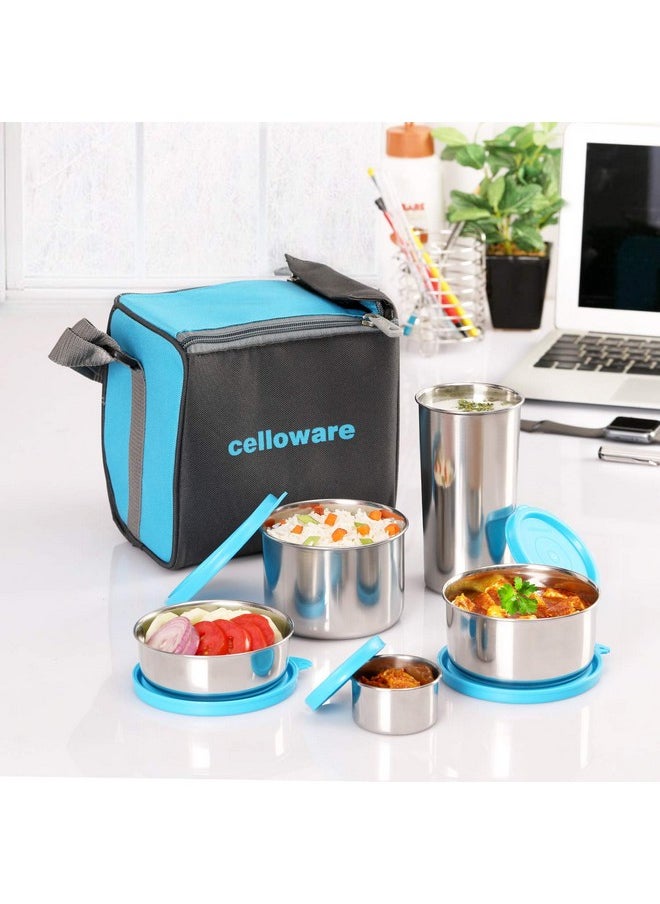 CELLO Steelox Stainless Steel Lunch Box Set of 5 with Bag (Capacities - 50ml, 225ml, 375ml, 550ml, 375ml Tumbler), Blue | Tiffin Box with Jacket | Leakproof | Ideal for Office, School, College