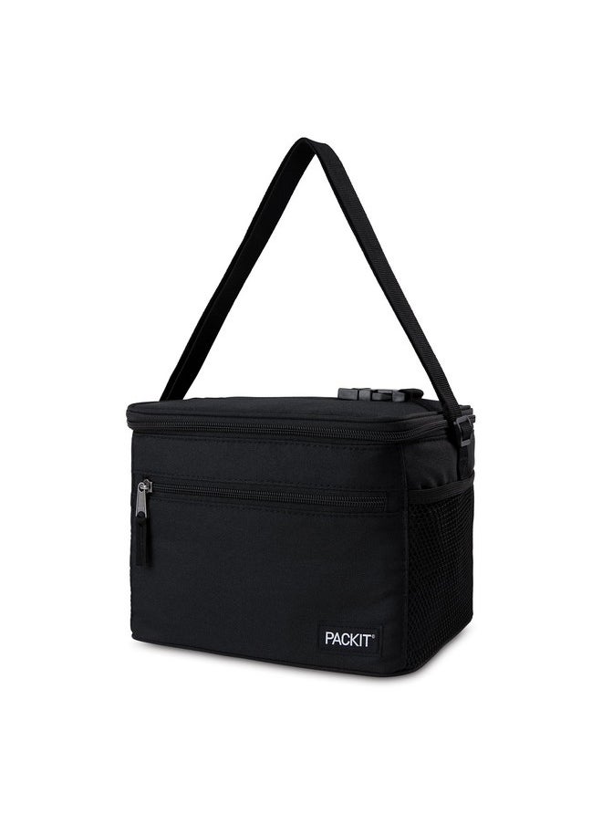 PackIt Freezable Essential Cooler, Black, Built with ECOFREEZE Technology, Fully Freezable, Collapsible, Reusable, With Removable Crossbody Strap, Top Clip Handle, Designed for Fresh Office