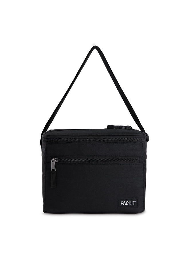 PackIt Freezable Essential Cooler, Black, Built with ECOFREEZE Technology, Fully Freezable, Collapsible, Reusable, With Removable Crossbody Strap, Top Clip Handle, Designed for Fresh Office