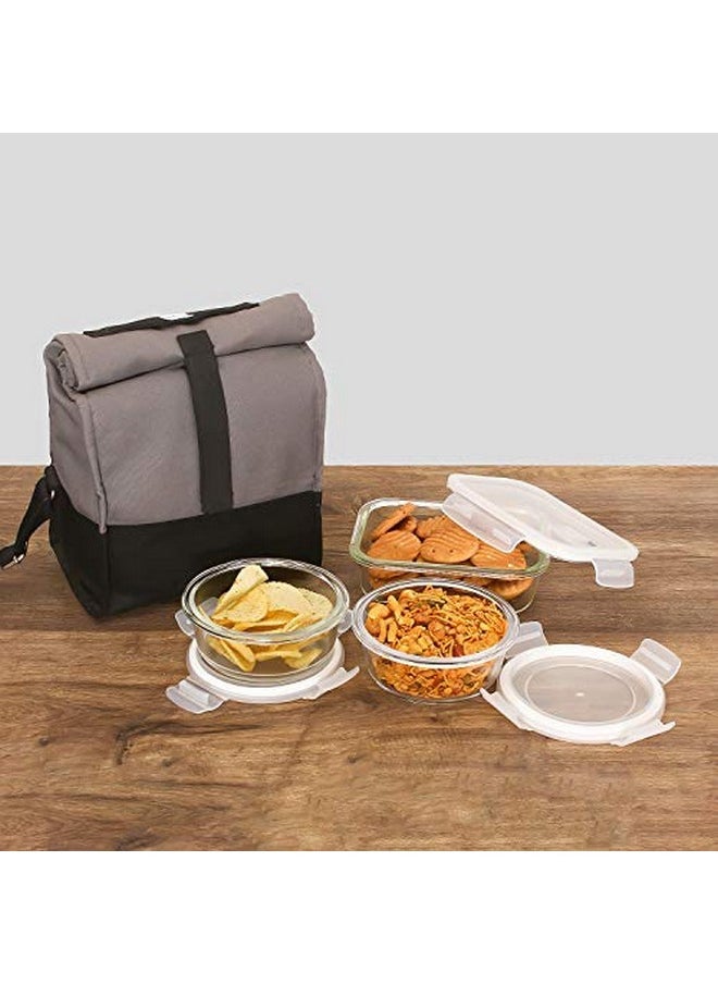 Femora Borosilicate Glass Microwave Safe Container Multipurpose Lunch Box for Office, Grey-Black, Round-380 ml (2 Container), Rectangle-620 ml (1 Container)