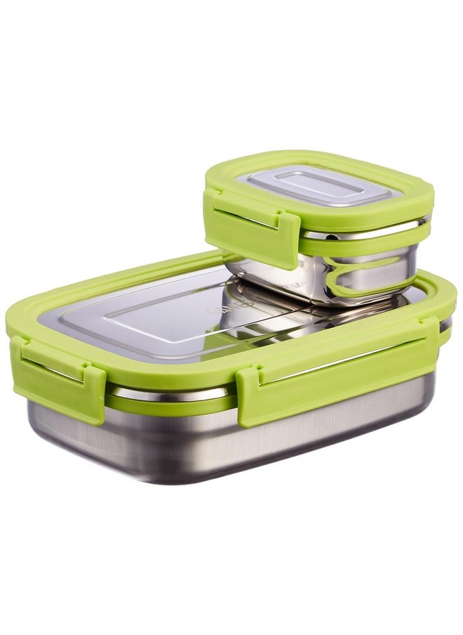 GANESH Craze Stainless Steel Tiffin Lunch Box Container/Dabba with 4 Side Clip Lock Lid for Office & School Use/Food Grade/Air Tight/Easy to Carry/Leak Proof(650ml 1pc + 140ml 1 Pc) Green