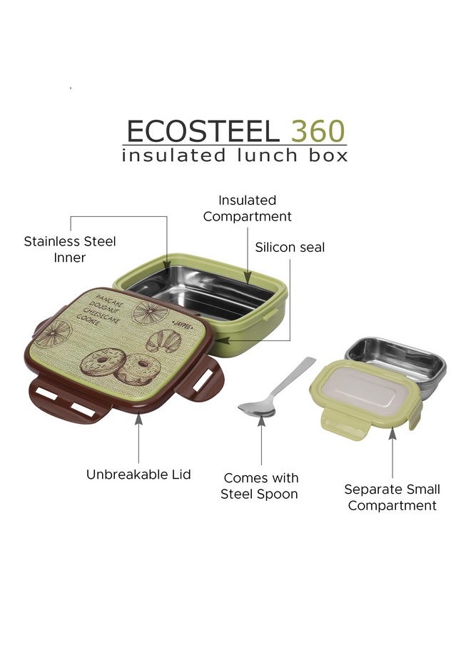 Jaypee Ecosteel Sr Green 650 ml Lunch Box for School & Office, Spoon, Airtight Leak-Proof, Snacks Tiffin Box for Kids, Light Weight, Easy Clean