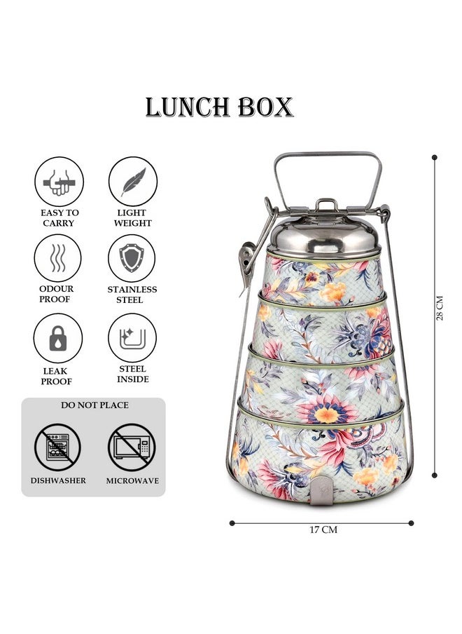 Elan Stainless Steel Lunch Box with Handle | Tiffin with Lid and Handle | 4 Compartment Traditional Tiffin Box | Easy to Carry| Leak Proof | Locking Clip | School and Office Use (1470ml, Pack of 1)