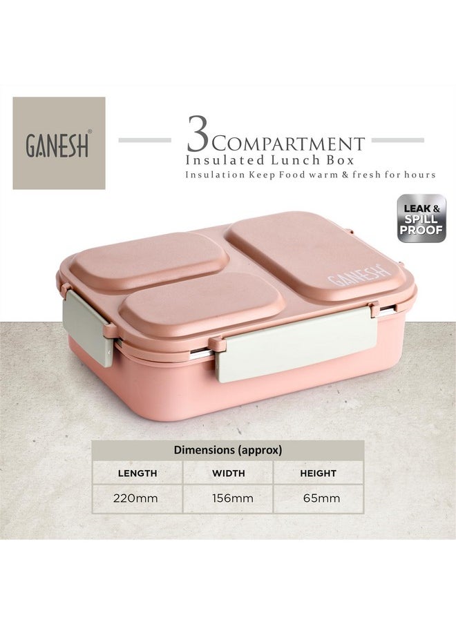 Ganesh Stainless Steel 3 Compartment Insulated Lunch Box for School & Office, Airtight Leak-Proof, Unbreakable Lid 1Ltr