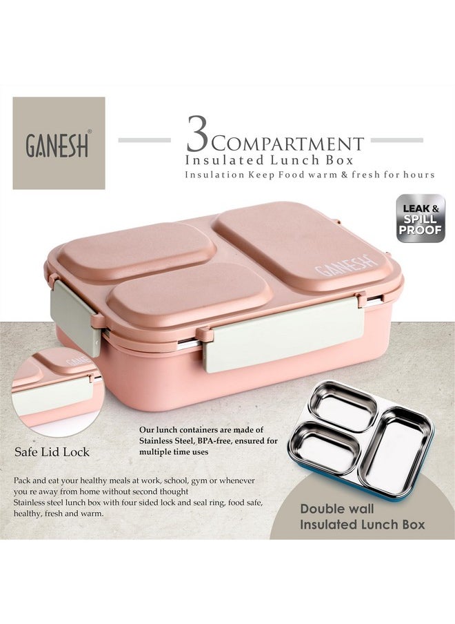 Ganesh Stainless Steel 3 Compartment Insulated Lunch Box for School & Office, Airtight Leak-Proof, Unbreakable Lid 1Ltr