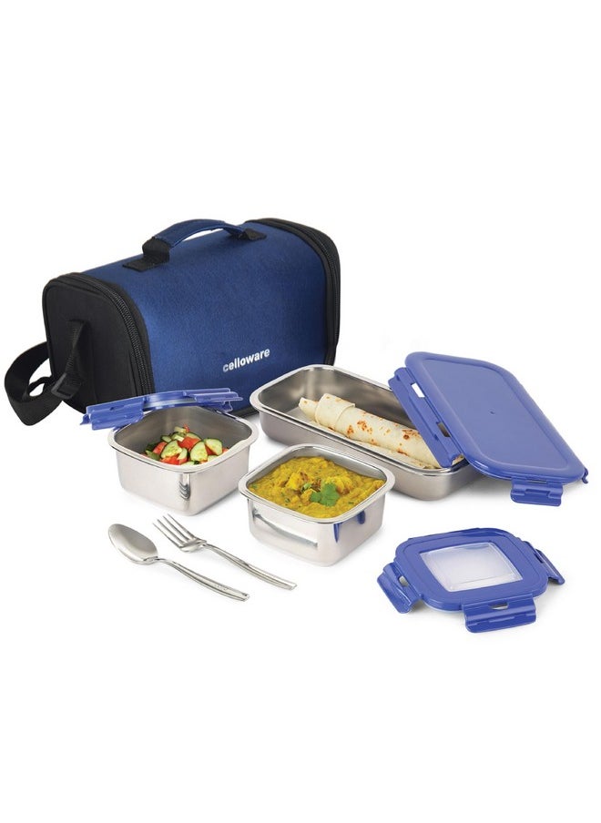 CELLO Swag Lunch Box with Inner Steel Set of 3 with Bag (Capacities - 355mlx 2 + 570ml x 1), Blue | Tiffin Box with Jacket | Leakproof | Easy to Carry | Ideal for Office, School, College