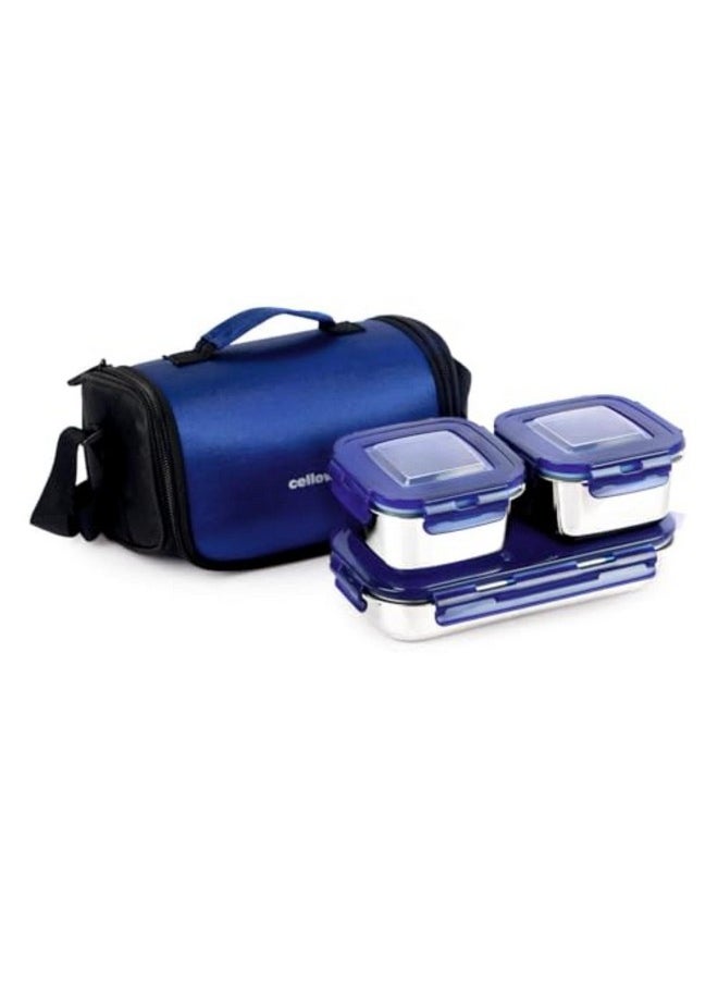 CELLO Swag Lunch Box with Inner Steel Set of 3 with Bag (Capacities - 355mlx 2 + 570ml x 1), Blue | Tiffin Box with Jacket | Leakproof | Easy to Carry | Ideal for Office, School, College