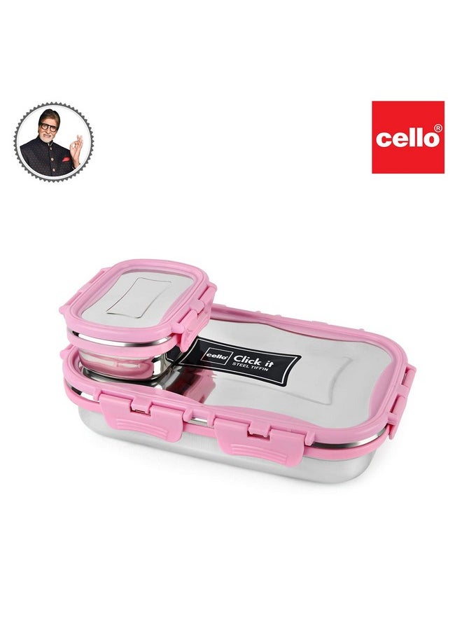 CELLO Click it Steel Insulated Lunch Box, Big, 1024ml, Pink | 2 Container Tiffin for Adults | Snacks Tiffin for Kids with Veg Box | Leak-Proof & Unbreakable Lid | Ideal for Office, School, College