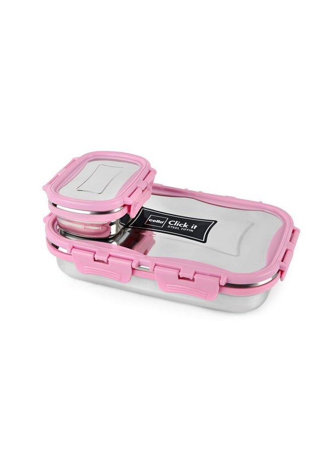 CELLO Click it Steel Insulated Lunch Box, Big, 1024ml, Pink | 2 Container Tiffin for Adults | Snacks Tiffin for Kids with Veg Box | Leak-Proof & Unbreakable Lid | Ideal for Office, School, College