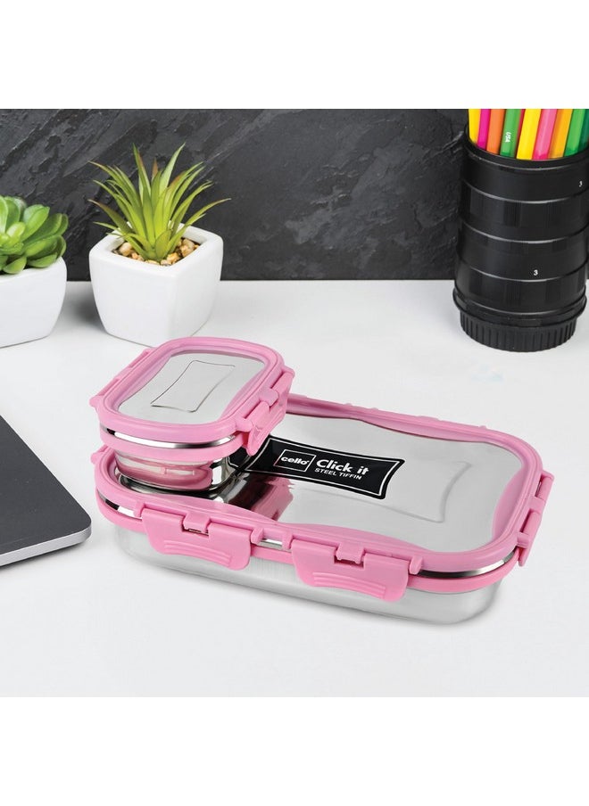 CELLO Click it Steel Insulated Lunch Box, Big, 1024ml, Pink | 2 Container Tiffin for Adults | Snacks Tiffin for Kids with Veg Box | Leak-Proof & Unbreakable Lid | Ideal for Office, School, College