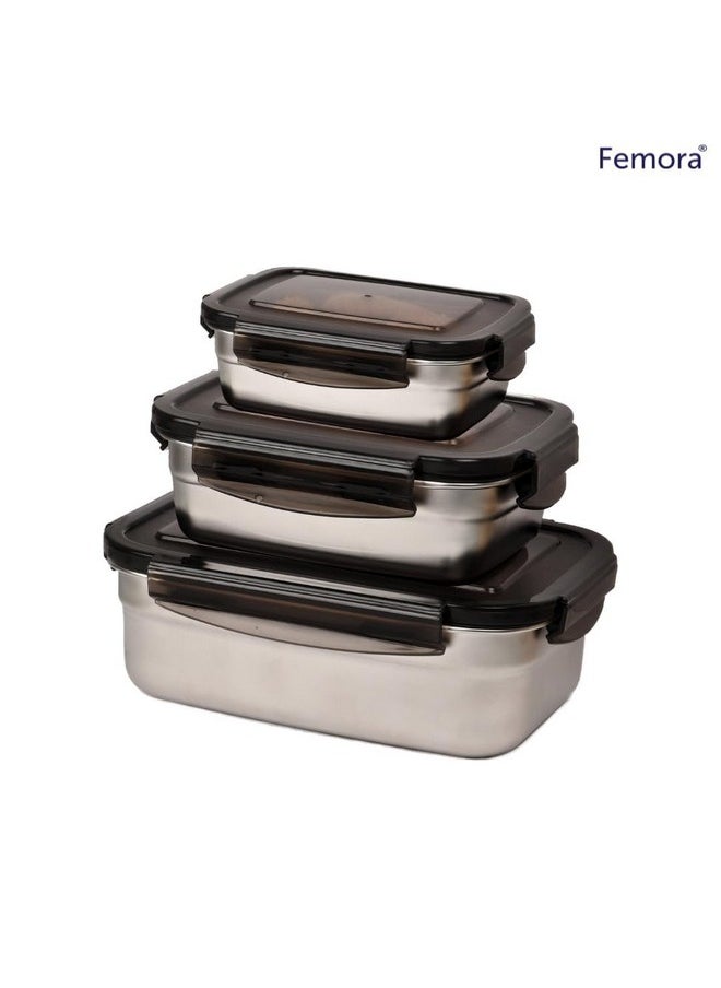 Femora High Alloy Steel Rectangle Airtight Leakproof Container with Lock Lid for Office (350ml, 550ml, 850ml, Silver) - Set of 3