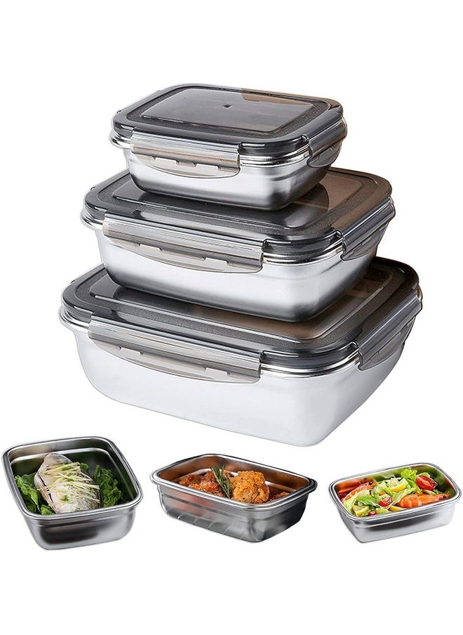 Femora High Alloy Steel Rectangle Airtight Leakproof Container with Lock Lid for Office (350ml, 550ml, 850ml, Silver) - Set of 3