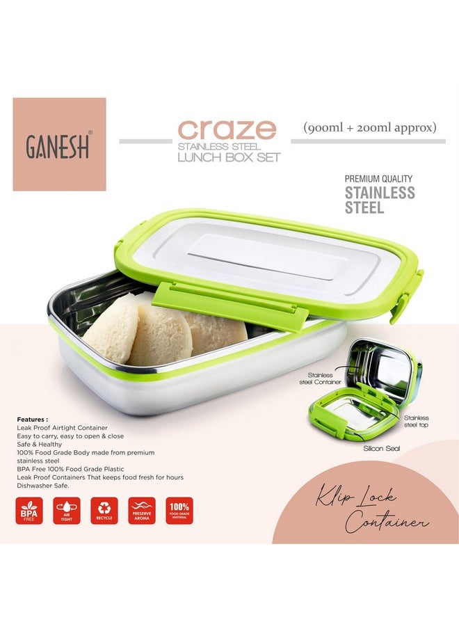 GANESH Craze Stainless Steel Tiffin Lunch Box Container/Dabba with 4 Side Clip Lock Lid for Office & School Use/Food Grade/Air Tight/Easy to Carry/Leak Proof(900ml 1pc + 200ml 1 Pc) Green