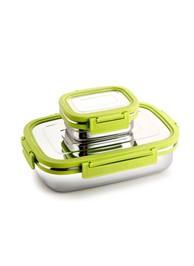 GANESH Craze Stainless Steel Tiffin Lunch Box Container/Dabba with 4 Side Clip Lock Lid for Office & School Use/Food Grade/Air Tight/Easy to Carry/Leak Proof(900ml 1pc + 200ml 1 Pc) Green