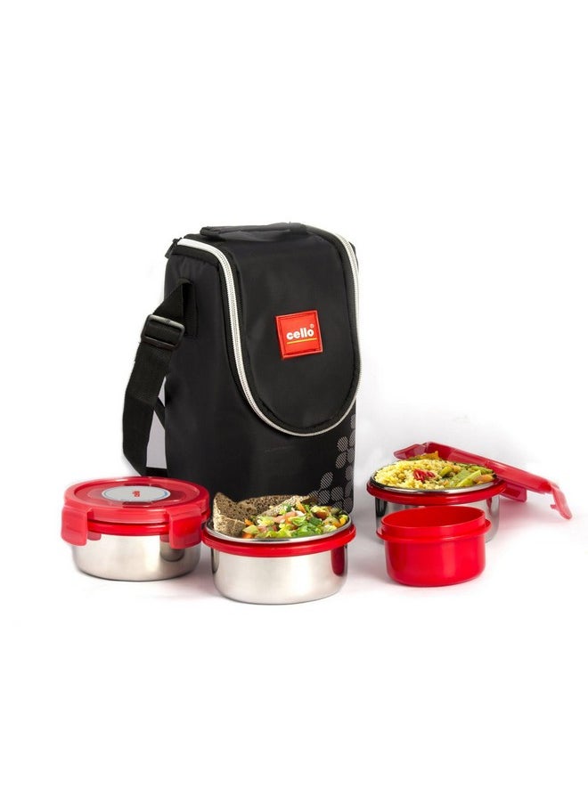 CELLO MF Click Stainless Steel Leakproof Lunch Box Set with Bag, 4 Containers - 300ml x 3 & 140ml, Red