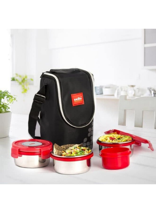 CELLO MF Click Stainless Steel Leakproof Lunch Box Set with Bag, 4 Containers - 300ml x 3 & 140ml, Red